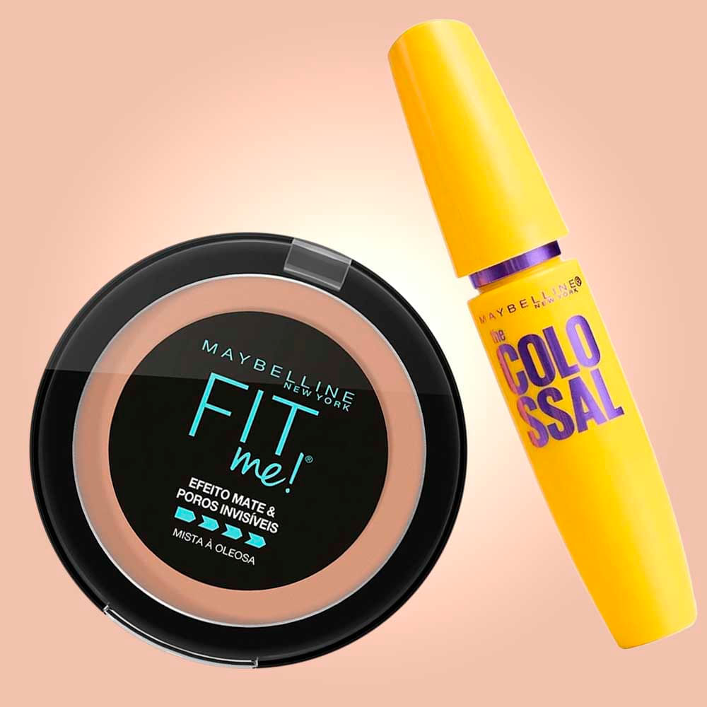 Kit Maybelline Pó Compacto Fit Me! R05 Médio Rosado + Máscara de Cílios The Colossal Volum' Express Lavável Preto