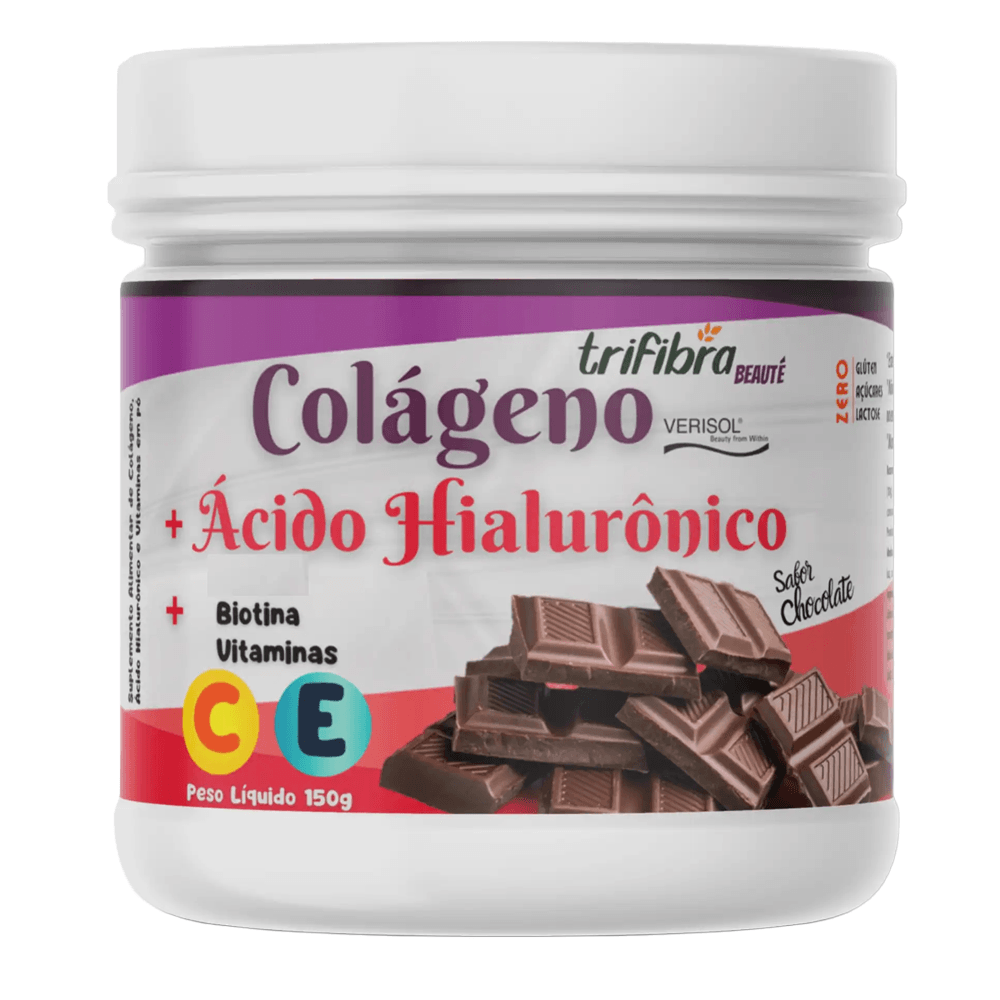 Kit Beauté Colágeno Verisol + Ácido Hialurônico + Biotina + Vitaminas C E E Em Pó Trifibra 150g Sabor Chocolate Belga