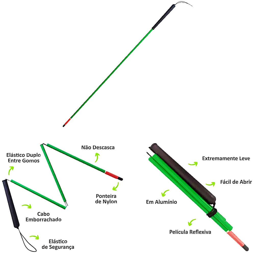 Bengala Articulada para Deficiente Visual Baixa Visão Verde Tam P
