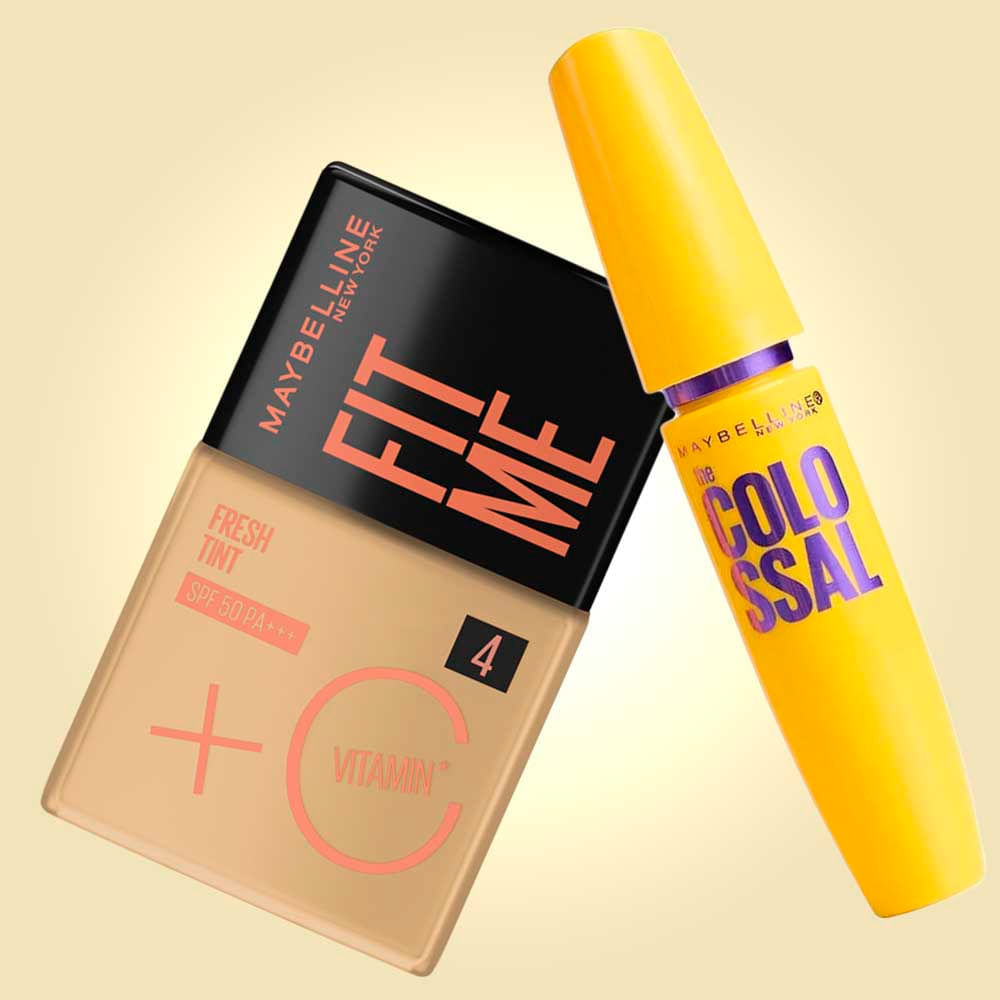 Kit Maybelline Base Líquida Fit Me Fresh Tint FPS50 COR 04 + Máscara de Cílios The Colossal Volum' Express Lavável Preto