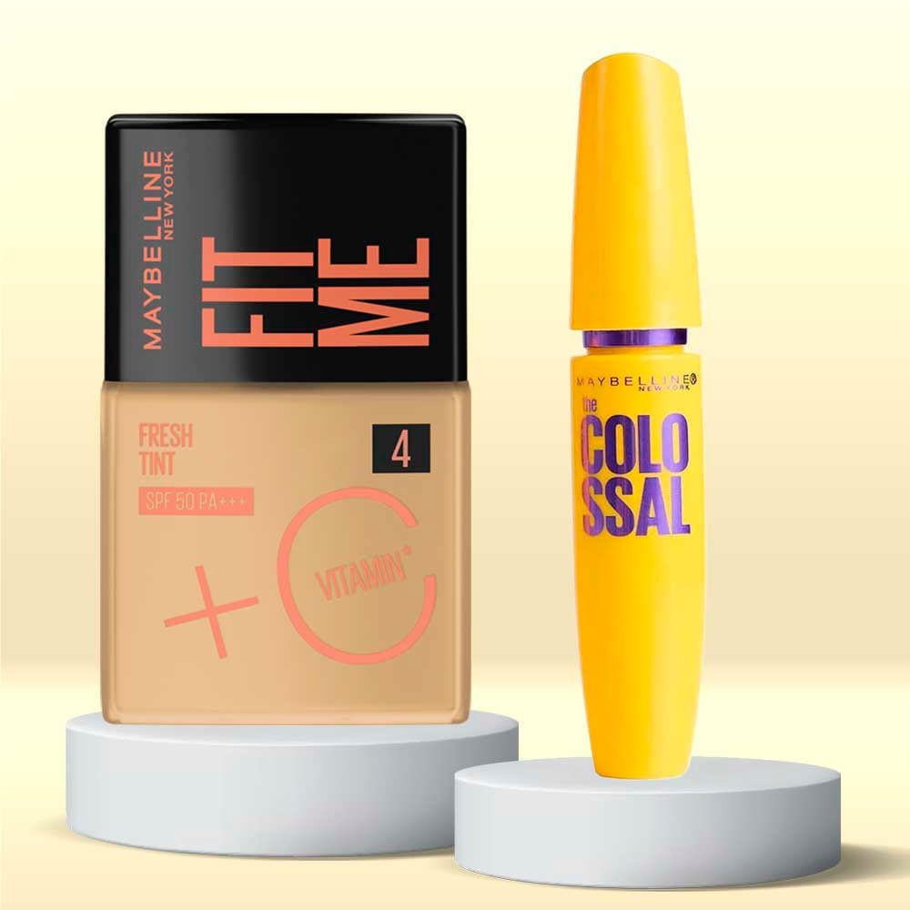 Kit Maybelline Base Líquida Fit Me Fresh Tint FPS50 COR 04 + Máscara de Cílios The Colossal Volum' Express Lavável Preto