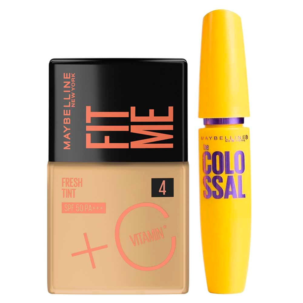 Kit Maybelline Base Líquida Fit Me Fresh Tint FPS50 COR 04 + Máscara de Cílios The Colossal Volum' Express Lavável Preto