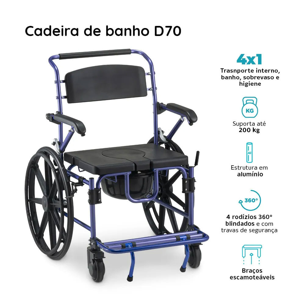Cadeira de Banho D70 em Alumínio até 200 kg Assento 51cm Dellamed