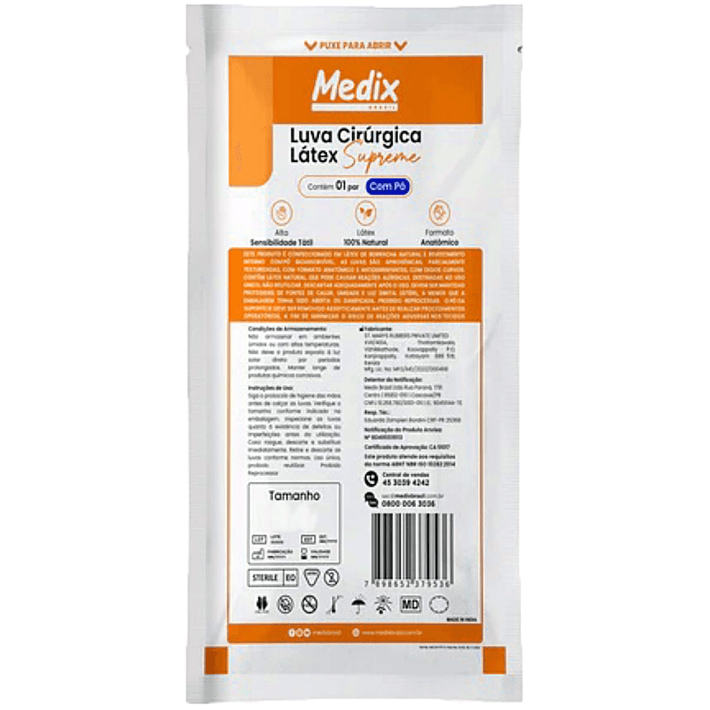 Luva Cirúrgica Supreme 7.0 Estéril de Látex Com Pó Medix 1 par