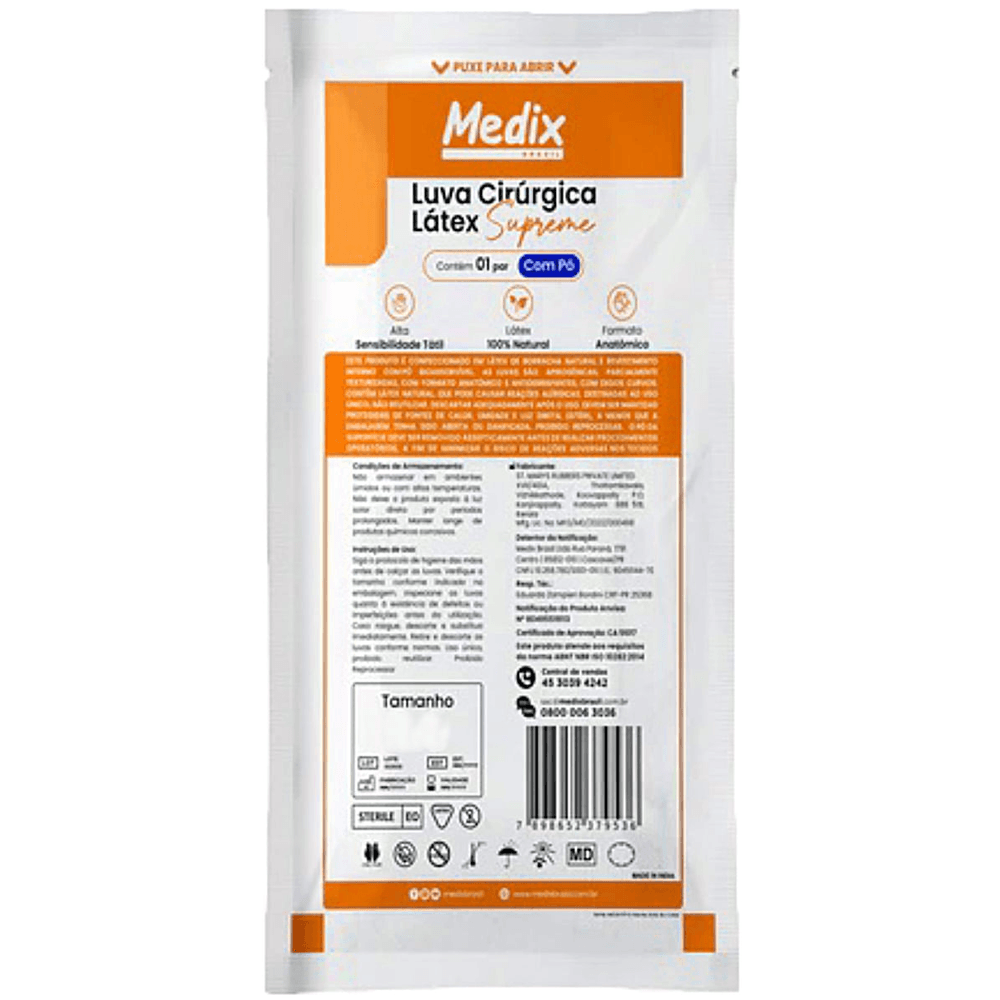 Luva Cirúrgica Supreme 8.0 Estéril De Látex Com Pó Medix 1 Par