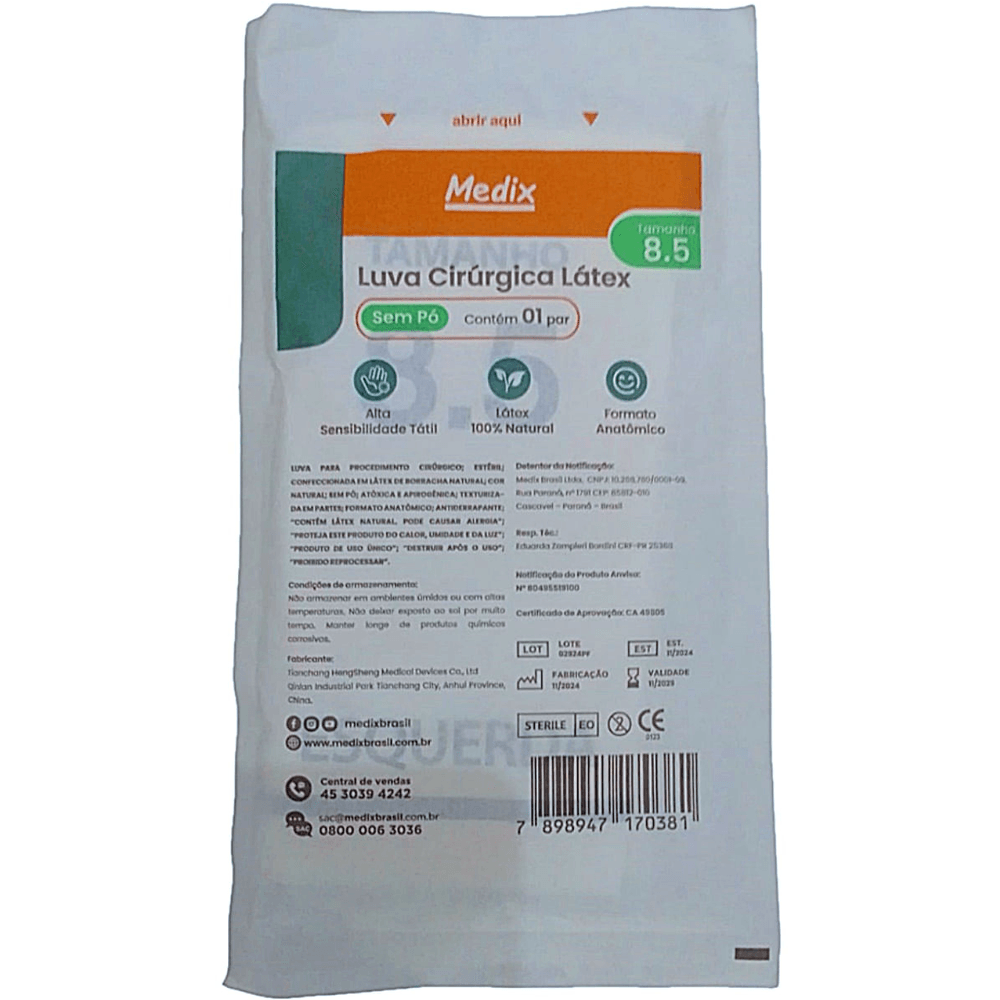 Luva Cirúrgica 8.5 Estéril De Látex Sem Pó Medix Par