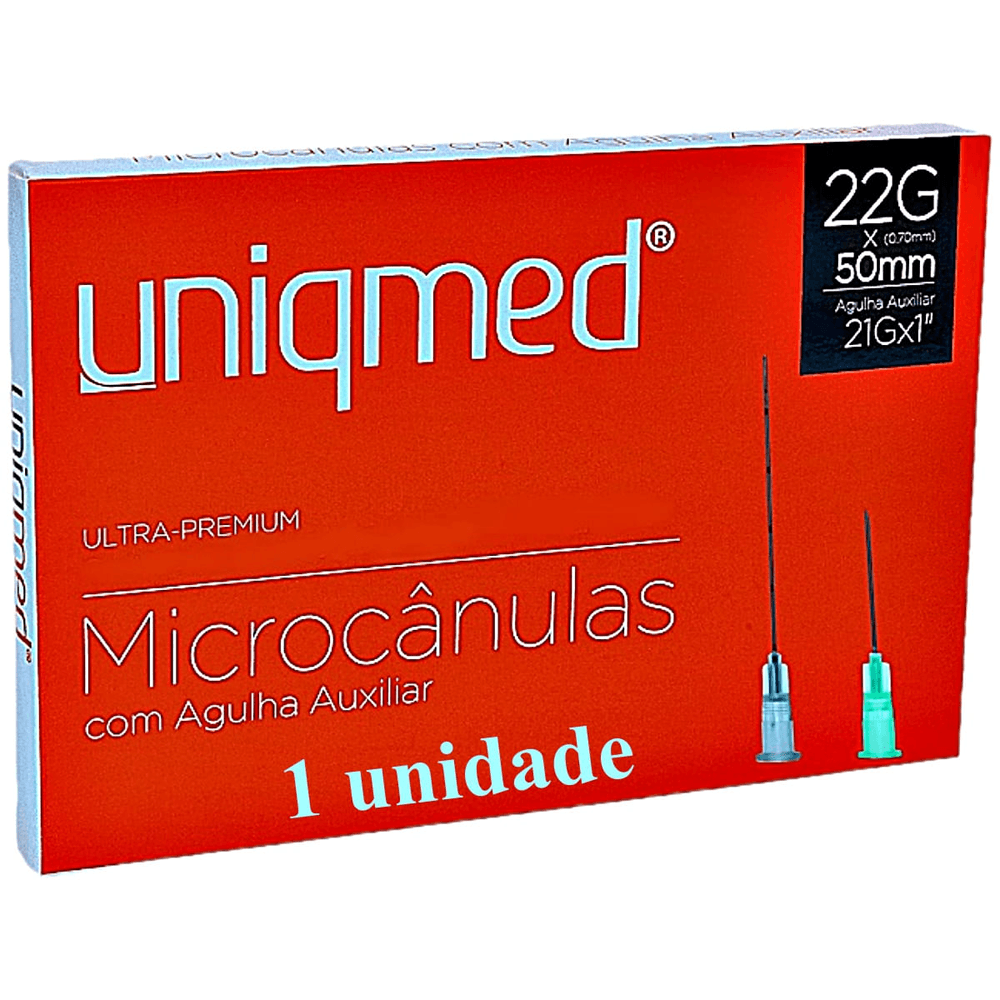 Microcânula Ultra-Premium Uniqmed 22Gx50mm Agulha Auxiliar 21Gx1 unidade