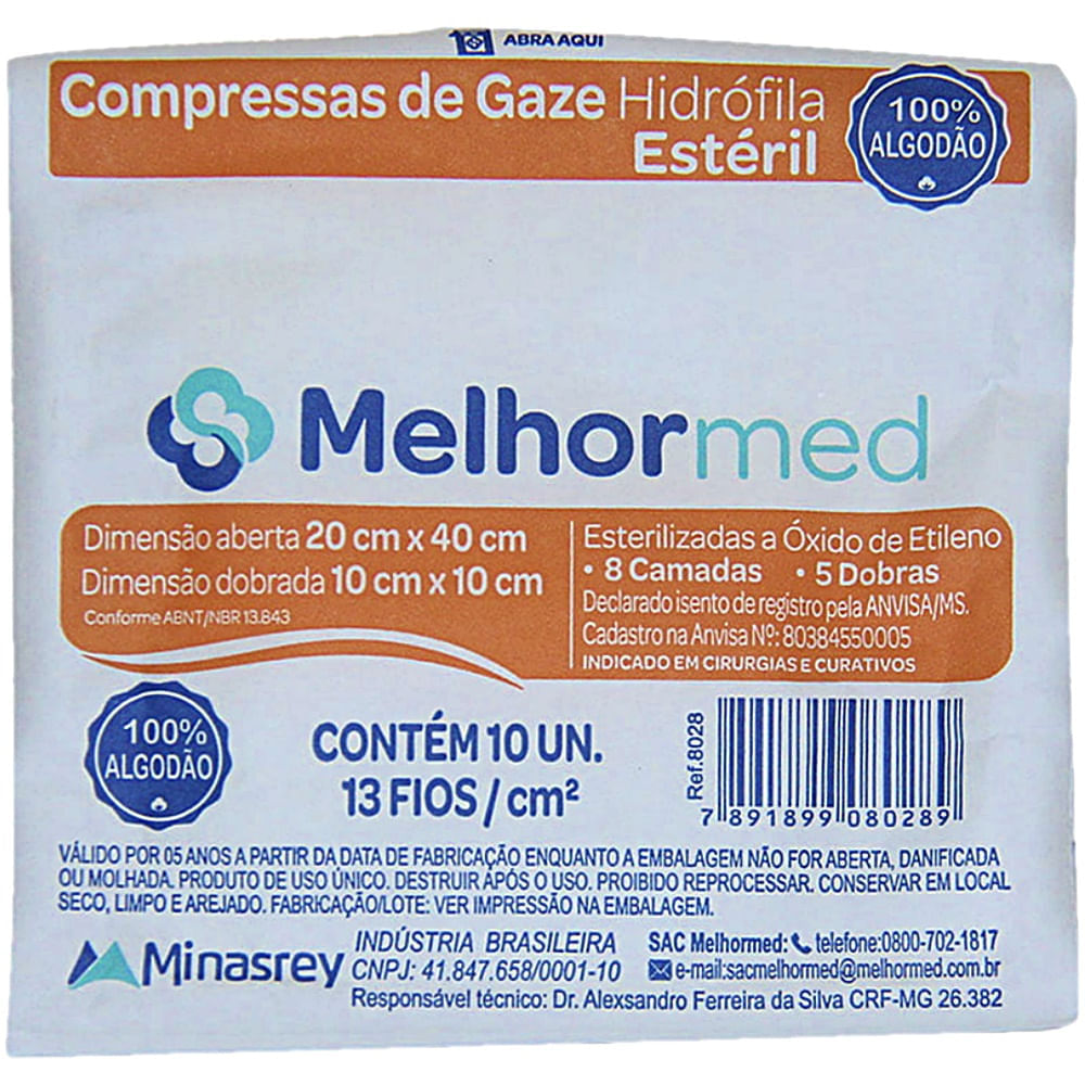 Compressa Gaze MelhorMed Estéril 13 fios 10x10cm 10 gazes