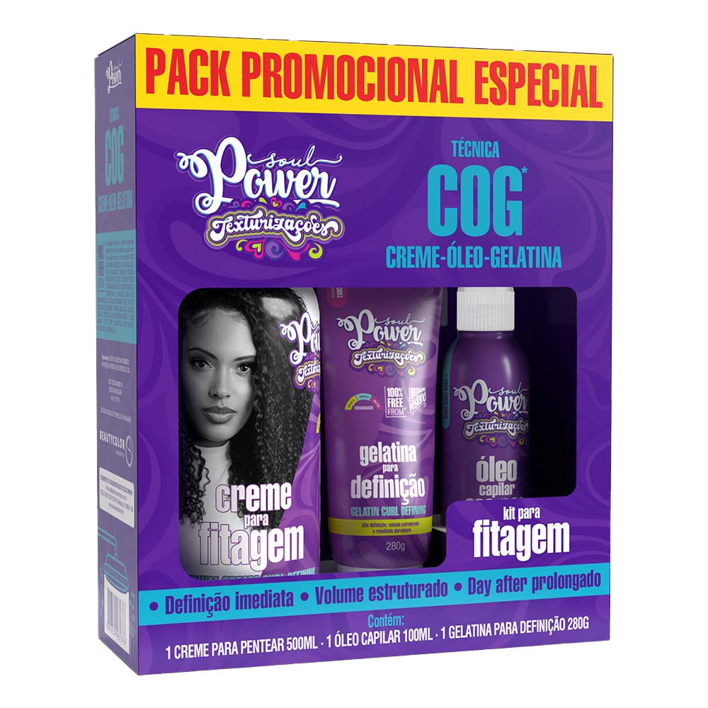Kit Creme Para Fitagem Técnica Cog Creme Para Fitagem + Óleo Capilar  + Gelatina Soul Power