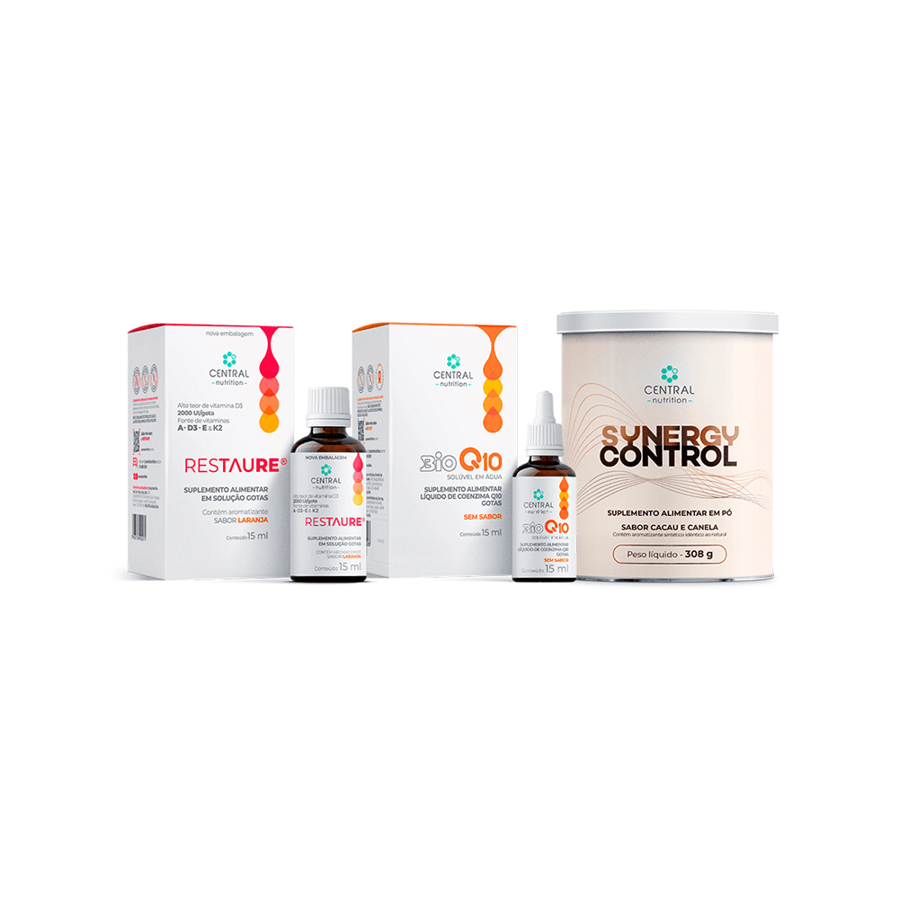 Protocolo Saúde Metabólica e Equilíbrio Glicêmico SYNERGY CONTROL Cacau e Canela + BIOQ10 Gotas + RESTAURE® Gotas