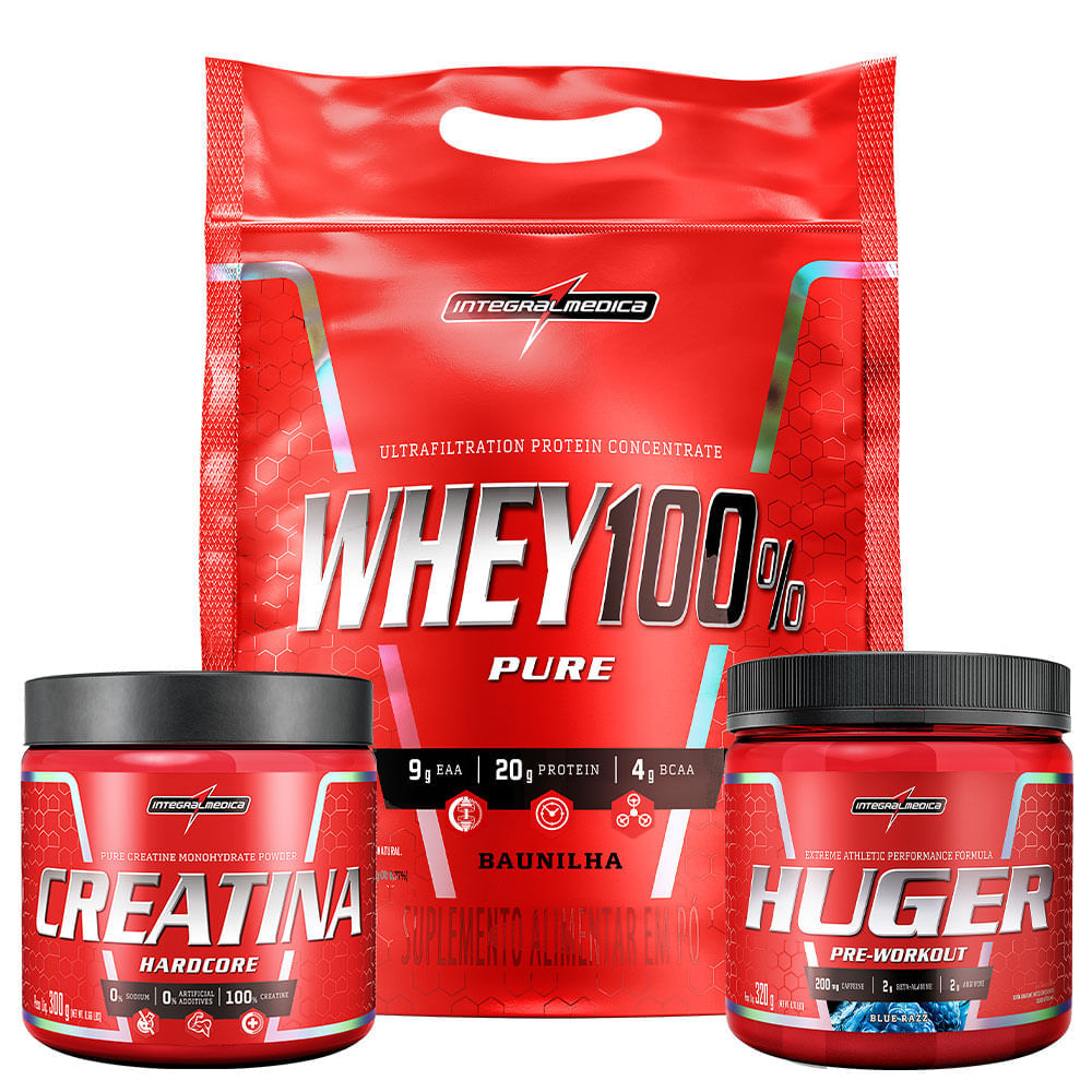 Kit Whey 100% Pouch Baunilha 900g + Creatina 100% Pura 300g + Huger Blue Razz 320g