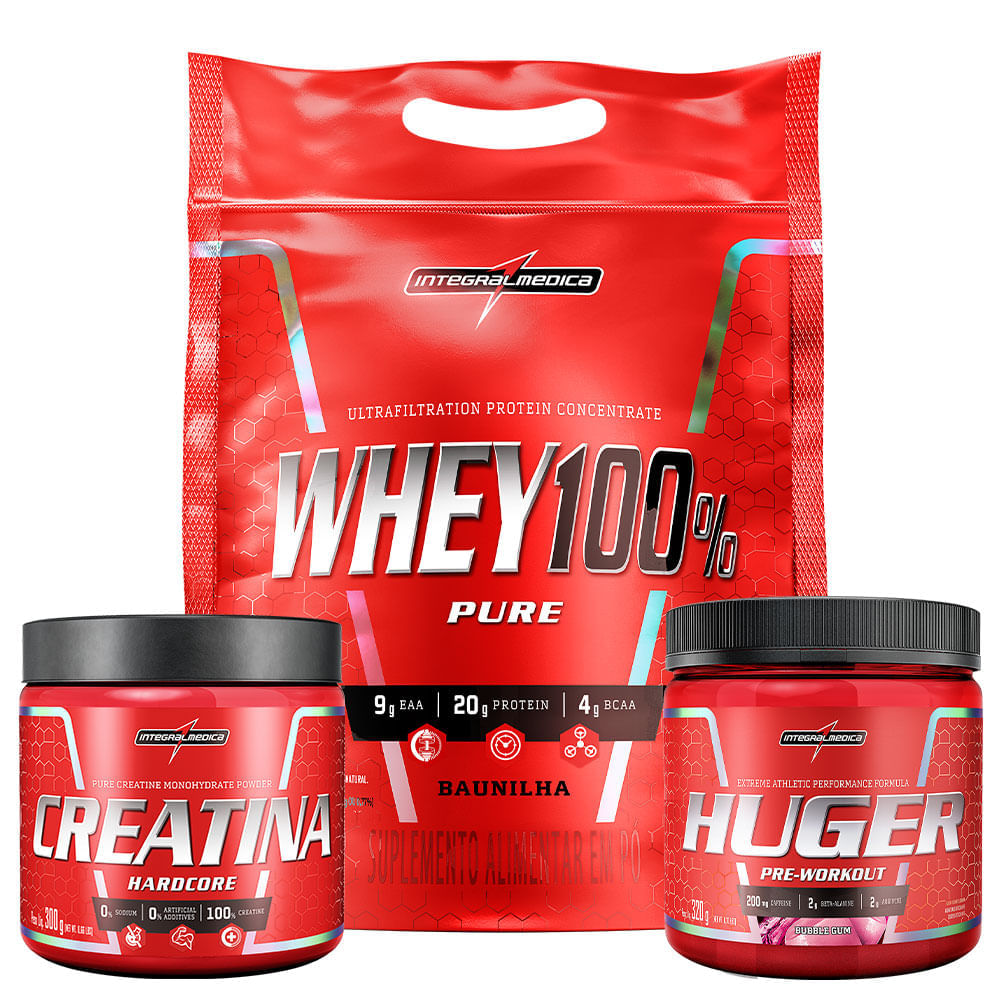Kit Whey 100% Pouch Baunilha 900g + Creatina 100% Pura 300g + Huger Bubble Gum 320g