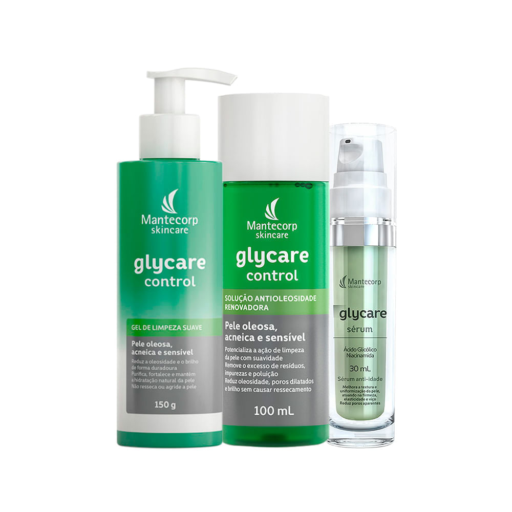 Kit Mantecorp Glycare Control Gel De Limpeza Facial 150g + Solução Facial Antioleosidade 100ml + Sérum 30ml