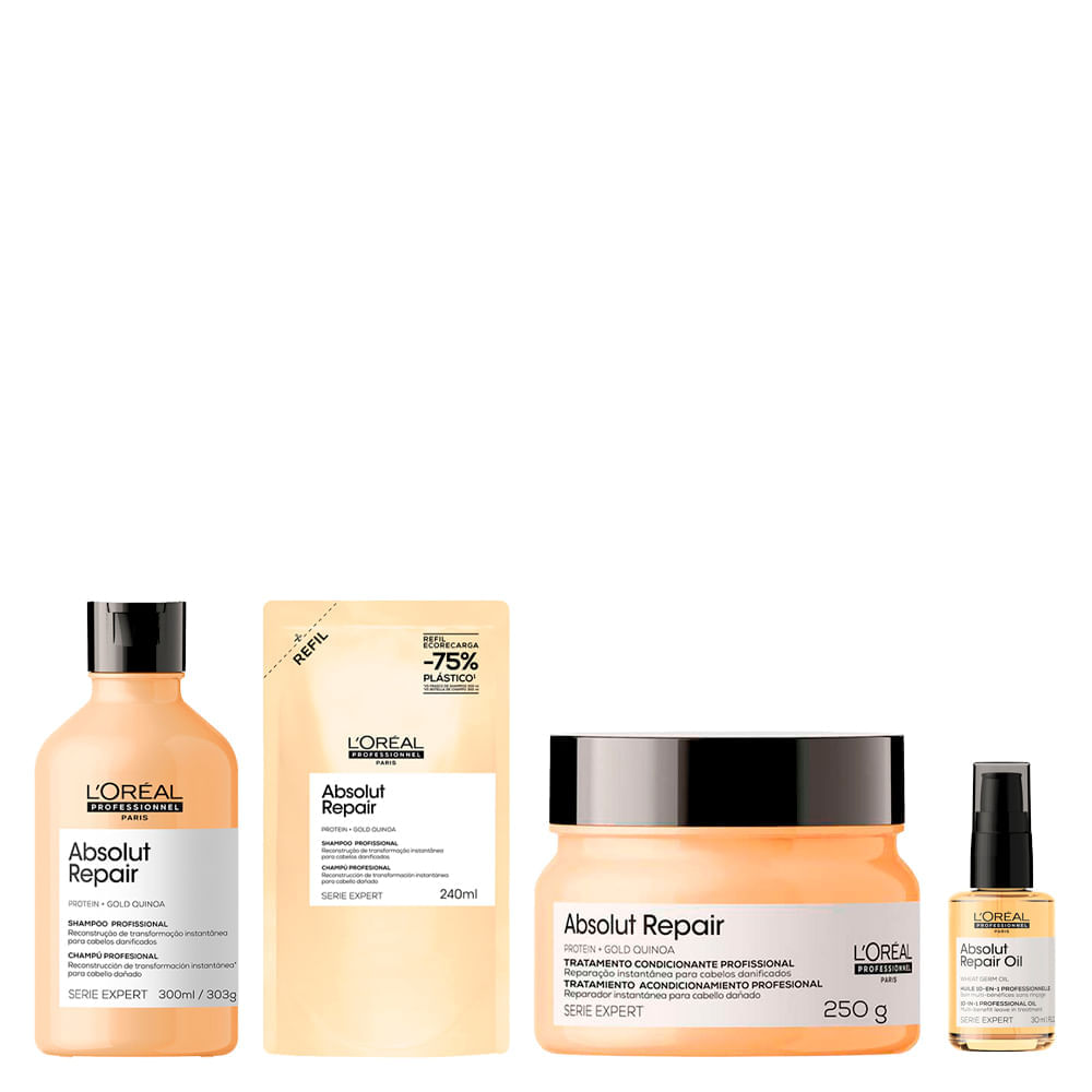 Kit L'oréal Professionnel Absolut Repair Shampoo Refil 240ml + Shampoo 300ml + Máscara 250g + Sérum 30ml