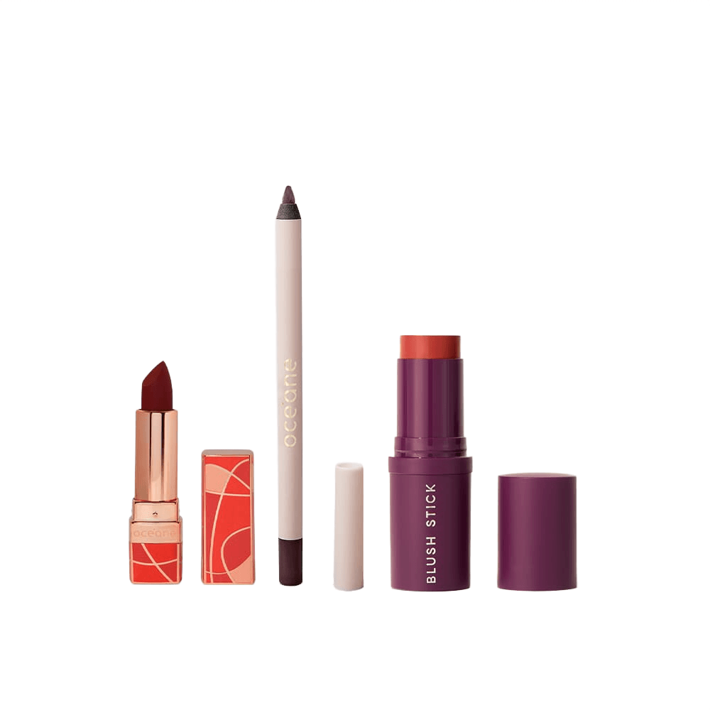 Kit Batom Vinho + Blush Em Bastão Vermelho + Lápis Para Olhos Bordô