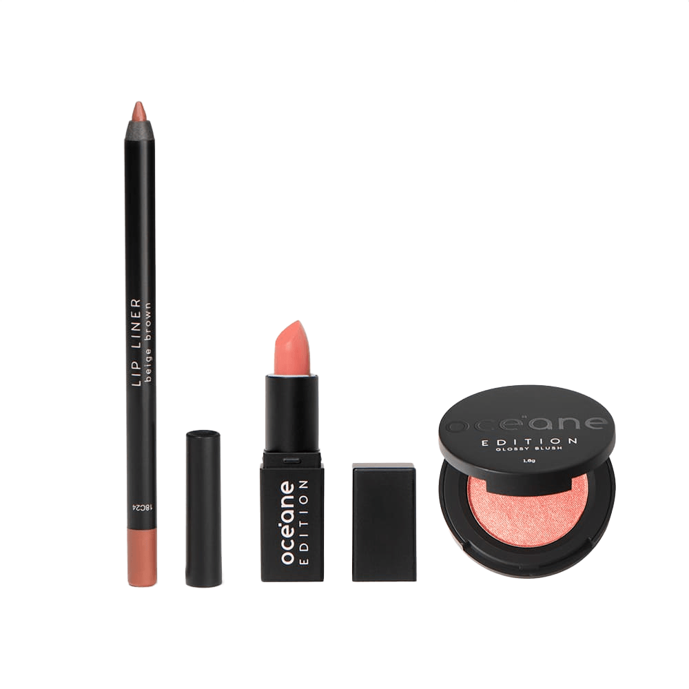 Kit Mini Batom Rosa + Mini Blush Cintilante + Lápis de Contorno Labial Océane Edition