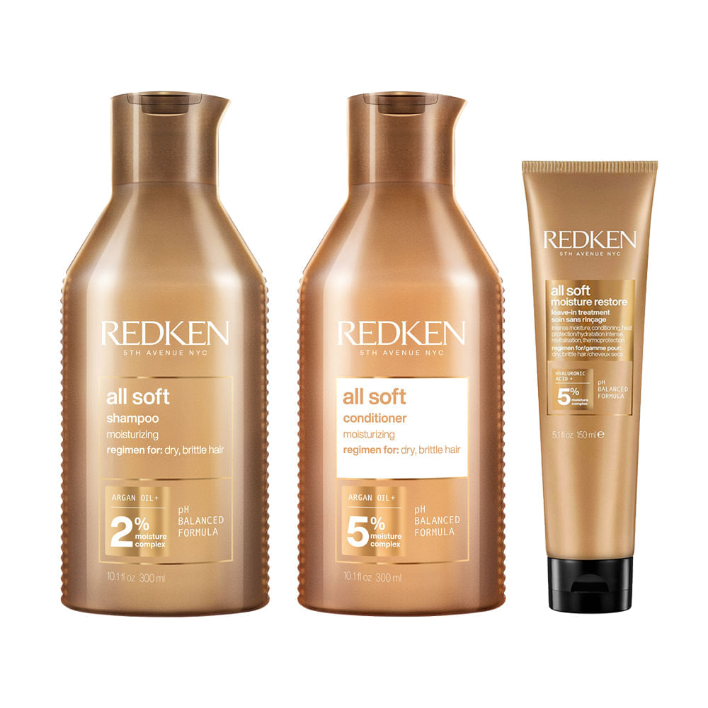 Kit Redken Condicionador All Soft 300ml + Shampoo 300ml + Leave-In 150ml