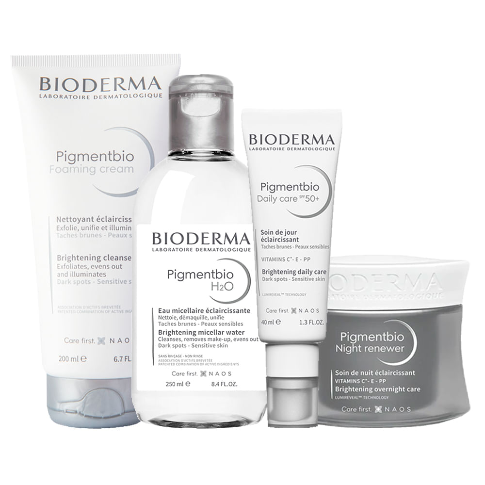Kit Bioderma Pigmentbio Foaming Sabonete Facial Corporal 200ml + Água Micelar 250ml+gel Creme Facial Daily Care Fps 50+40ml+creme Night Renewer 50ml