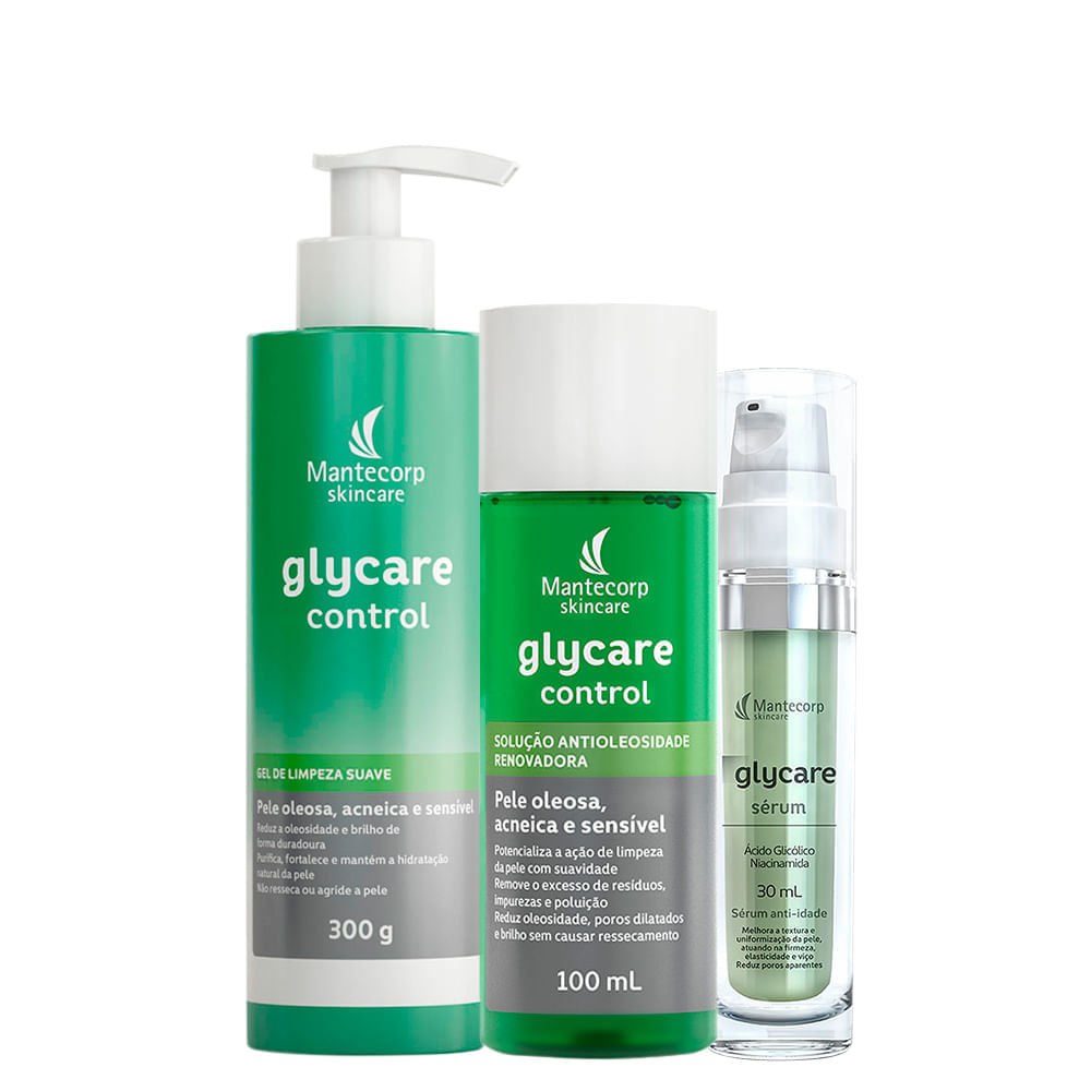 Kit Mantecorp Glycare Control Gel De Limpeza Facial 300g + Solução Facial Antioleosidade 100ml + Sérum 30ml