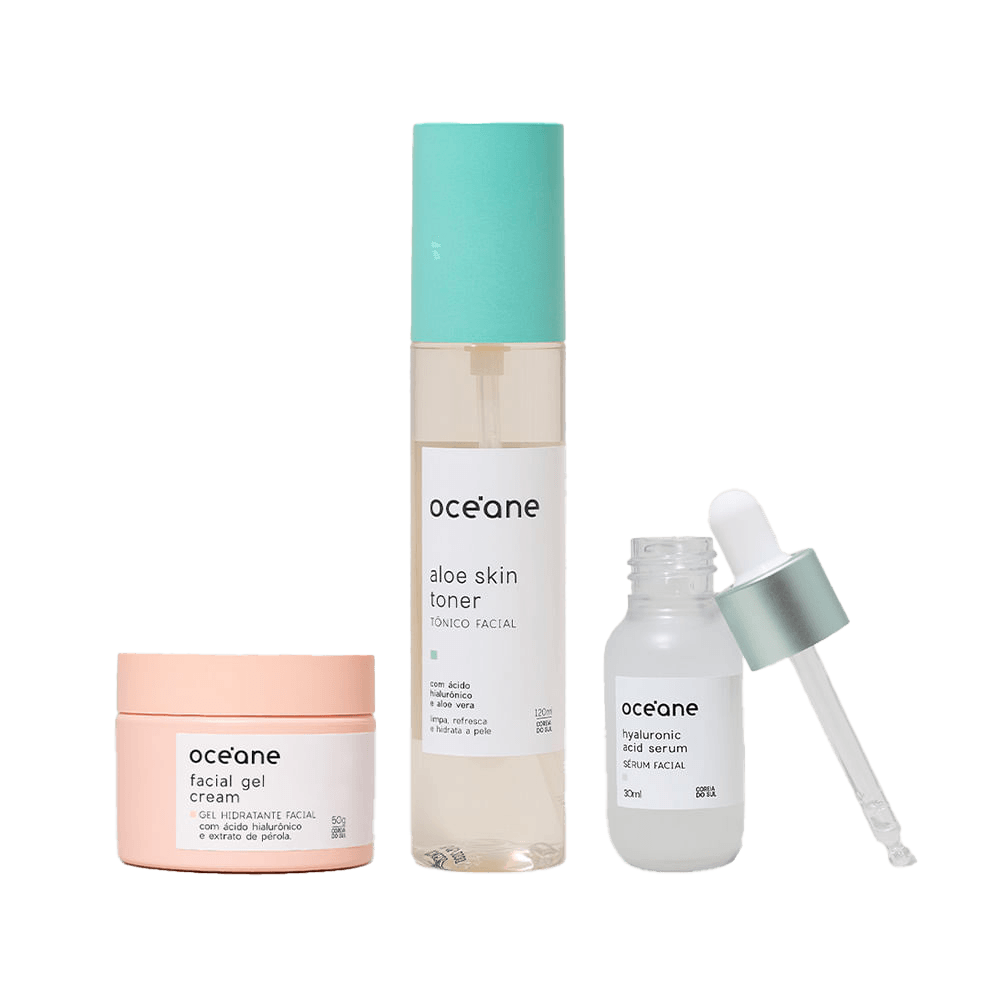 Kit Gel Hidratante Facial + Tônico + Sérum Com Ácido Hialurônico