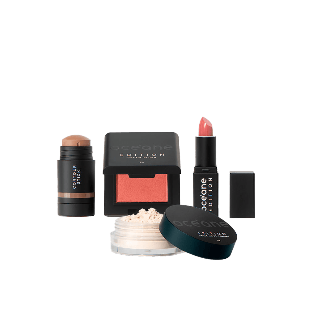 Kit Mini Batom Nude + Mini Blush Cremoso Caramelo + Mini Pó Translúcido Solto + Mini Contorno em Bastão Marrom Médio Océane Edition (4 Produtos)