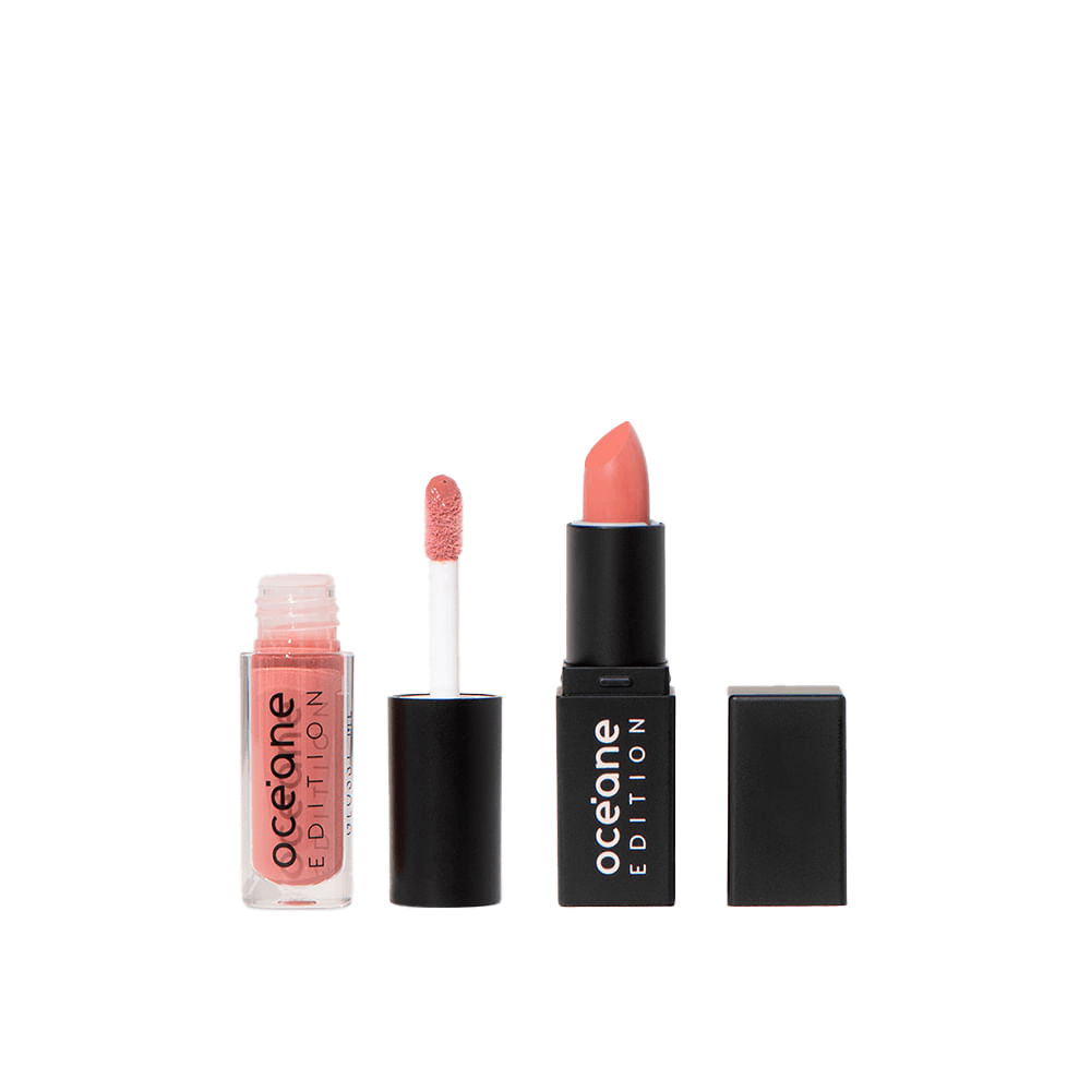 Kit Mini Batom Rosa + Mini Brilho Labial Nude Océane Edition