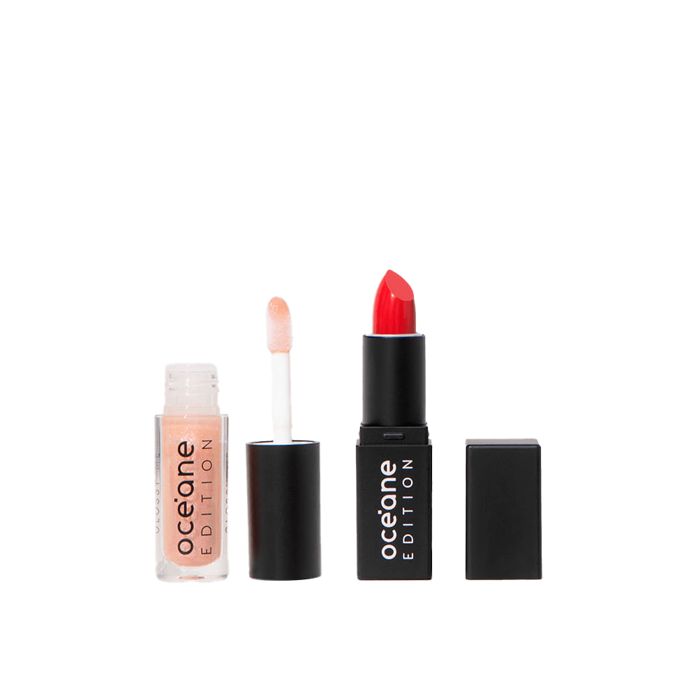 Kit Mini Batom Vermelho Semi-matte + Mini Brilho Labial Transparente Océane Edition