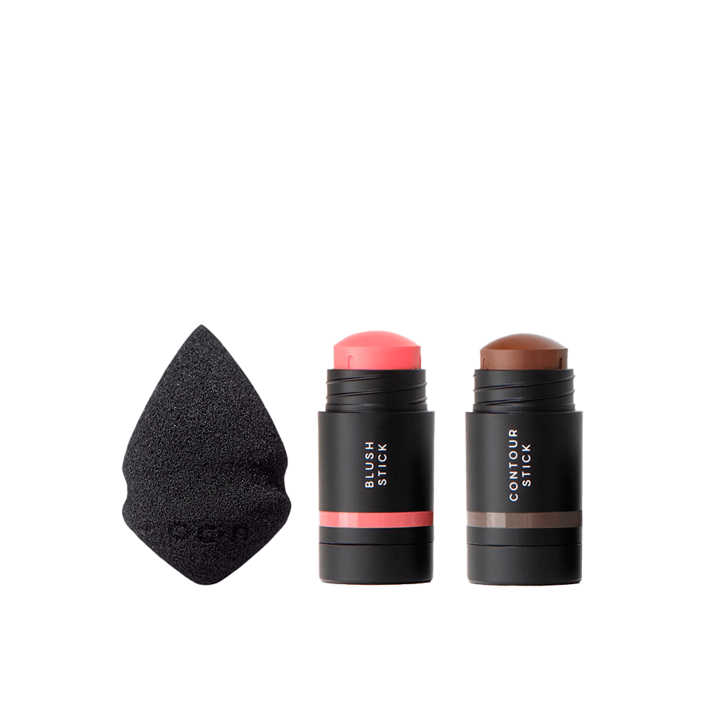 Kit Mini Blush Em Bastão Rosa + Mini Contorno Em Bastão Marrom Escuro + Mini Esponja De Maquiagem Océane Edition
