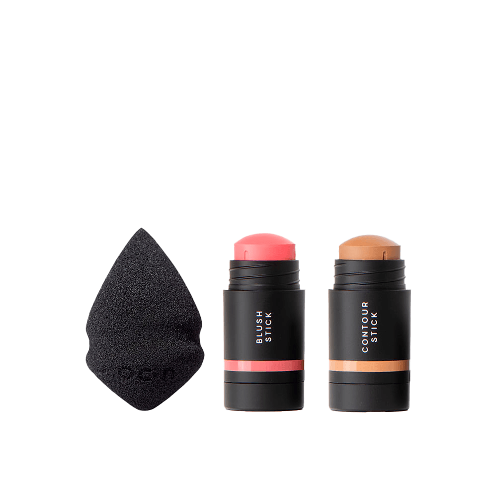 Kit Mini Blush em Bastão Rosa Claro + Mini Contorno em Bastão Marrom Claro + Mini Esponja de Maquiagem Océane Edition