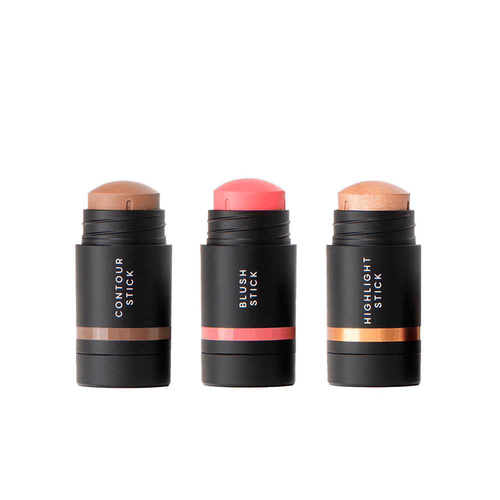 Kit Mini Contorno em Bastão Marrom Médio + Mini Blush em Bastão Rosa Claro + Mini Iluminador em Bastão Océane Edition (3 Produtos)