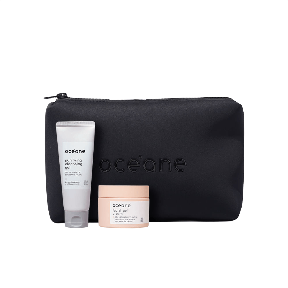 Kit Nécessaire Preta + Gel de Limpeza Esfoliante Facial + Gel Hidratante