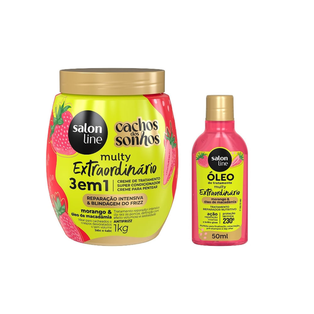 Kit Salon Line Multy Extraordinário Creme De Tratamento 3 Em 1 1kg + Óleo Reparador Morango 50ml