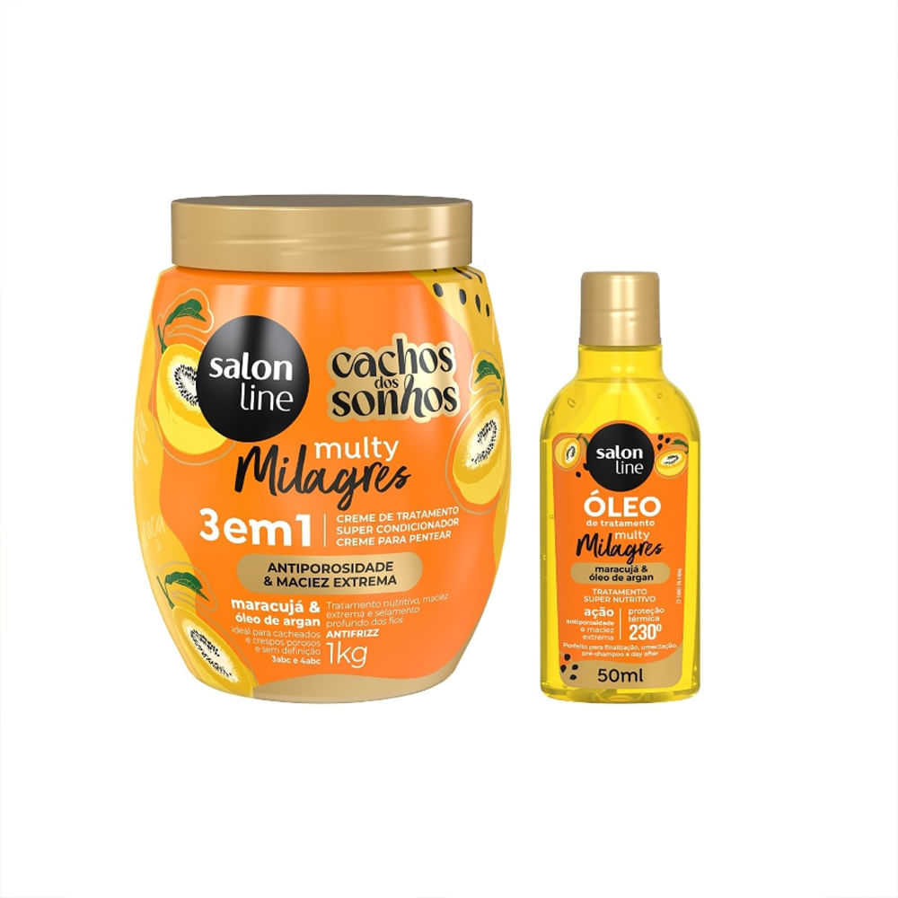 Kit Salon Line Multy Milagres Creme De Tratamento 3 Em 1 1kg + Óleo Reparador Maracujá 50ml
