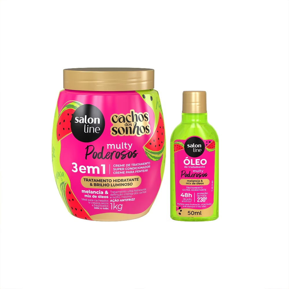 Kit Salon Line Multy Poderosos Creme de Tratamento 3 em 1 1Kg + Óleo Reparador Melancia 50ml