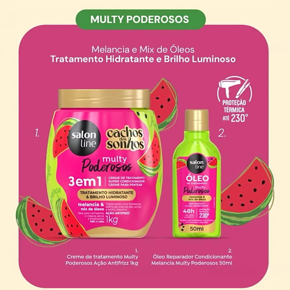 Kit Salon Line Multy Poderosos Creme de Tratamento 3 em 1 1Kg + Óleo Reparador Melancia 50ml