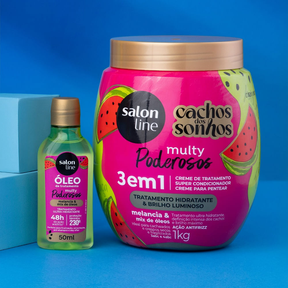 Kit Salon Line Multy Poderosos Creme de Tratamento 3 em 1 1Kg + Óleo Reparador Melancia 50ml