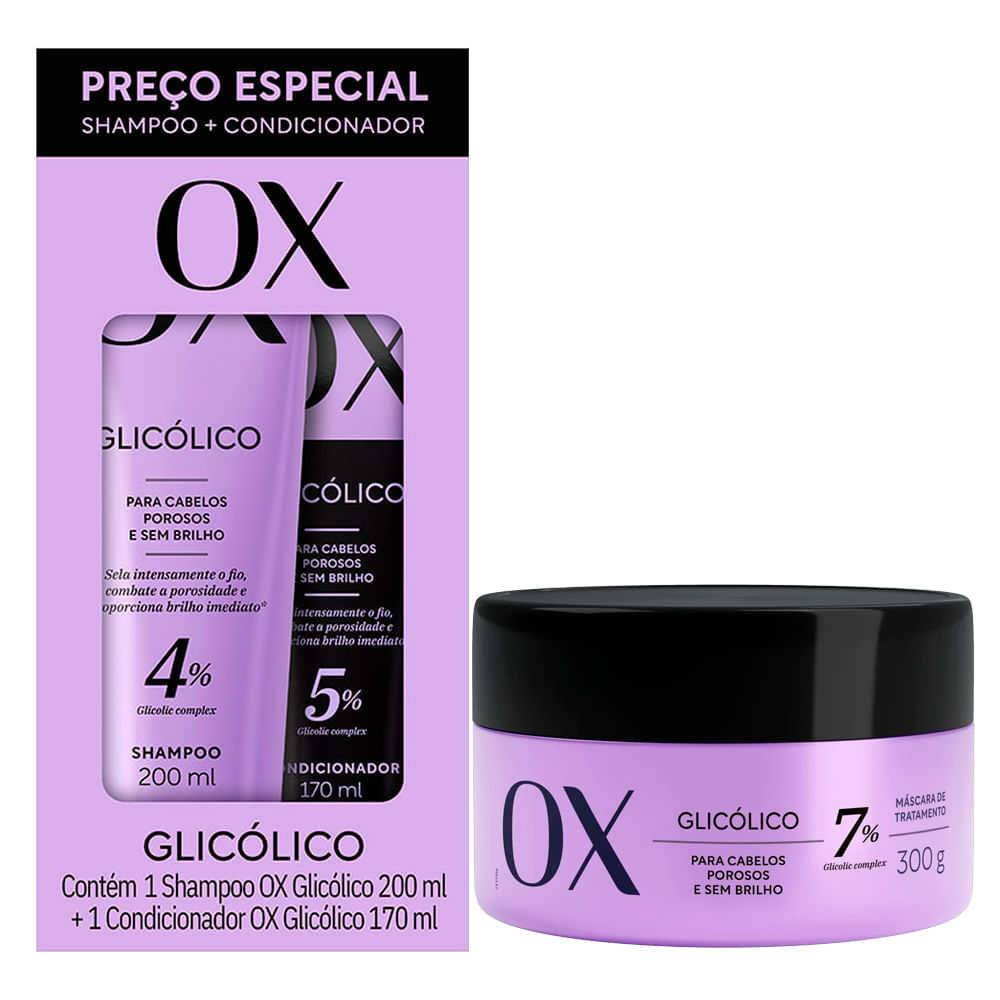 Kit Ox Shampoo 200ml + Condicionador 4% Glicólico 170ml + Máscara Ox 7% Glicólico 300g
