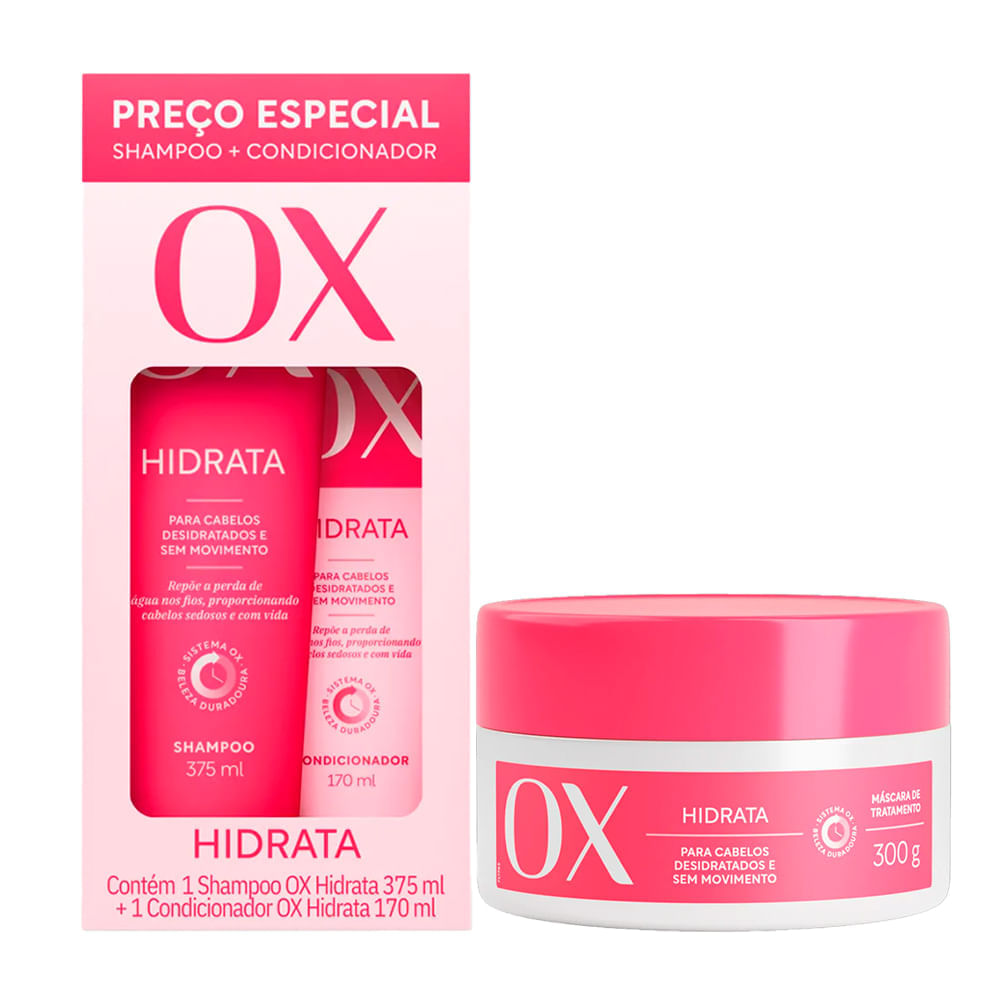 Kit Ox Shampoo 375ml + Condicionador Hidrata 170ml + Máscara Ox Hidratação 300g