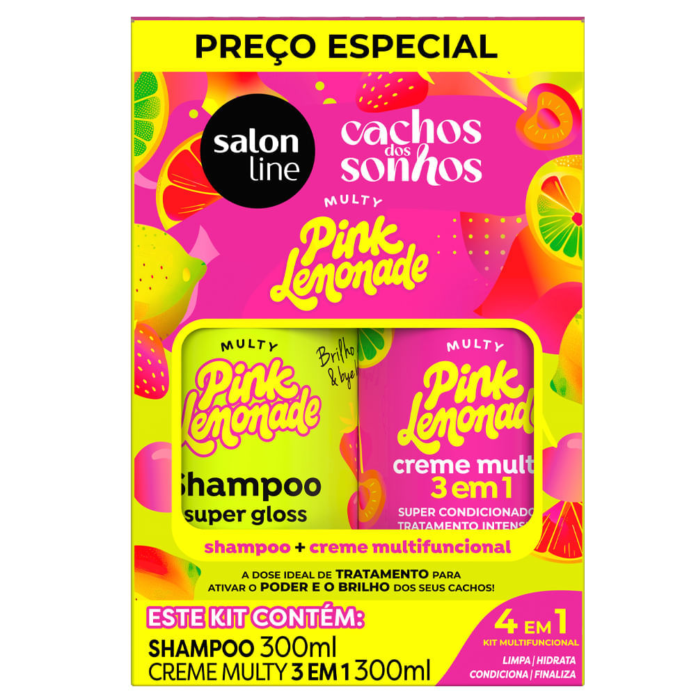 Kit Salon Line Shampoo 300ml + Creme Multifuncional Cachos Dos Sonhos Multy Pink Lemonade 300ml