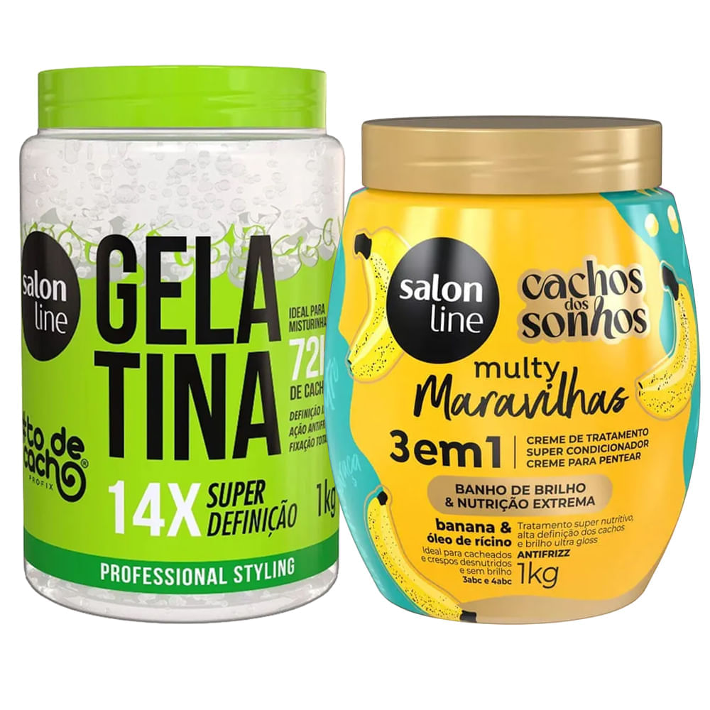 Kit Salon Line Gelatina 1kg + Creme 3 Em 1 Cachos Dos Sonhos Multy Banana 1 Kg