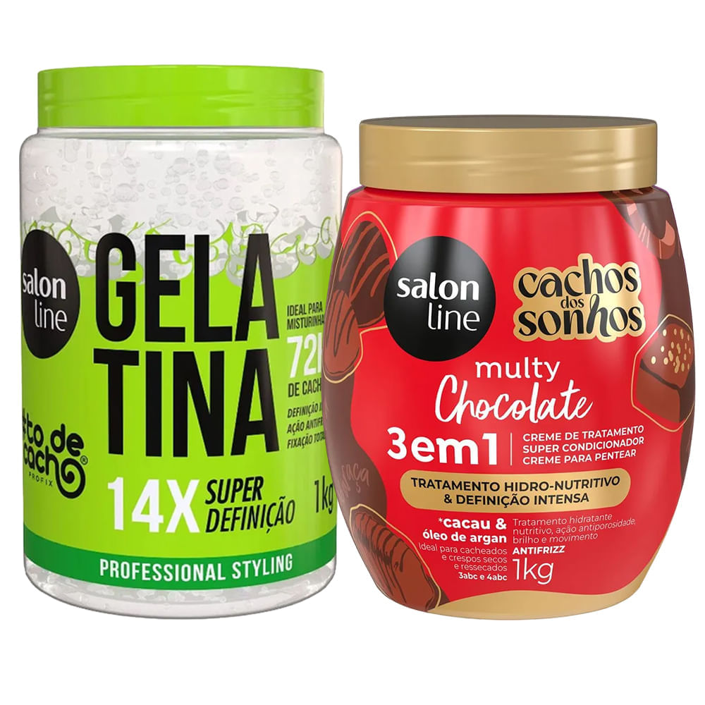 Kit Salon Line Gelatina 1kg + Creme 3 Em 1 Cachos Dos Sonhos Multy Chocolate 1kg