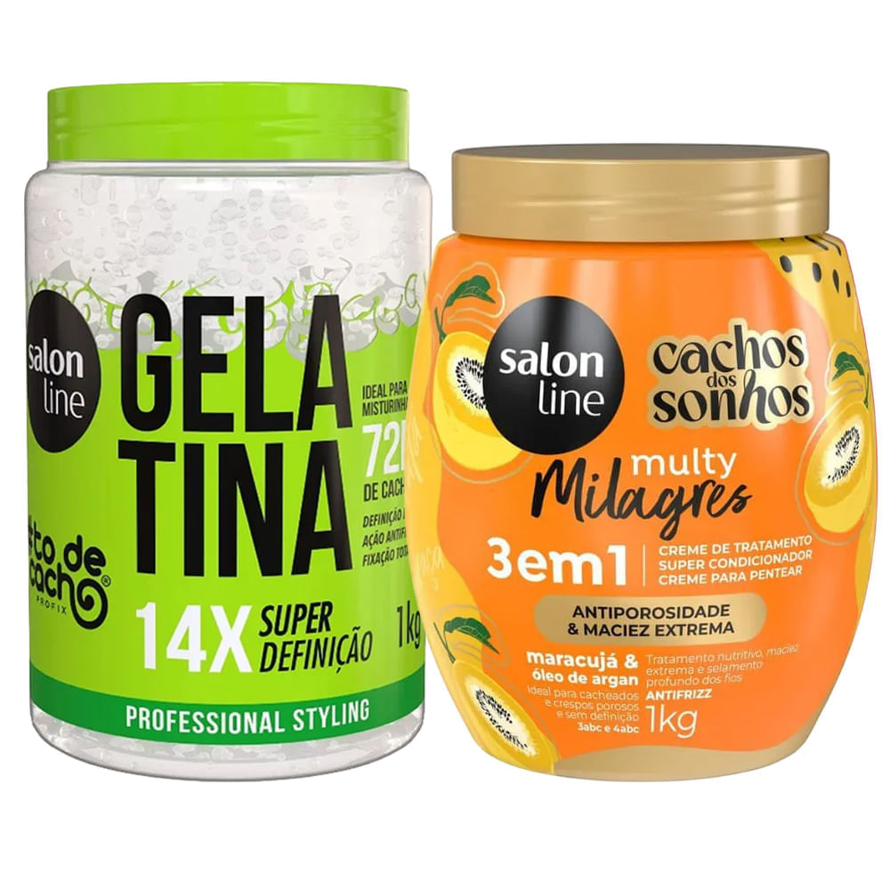 Kit Salon Line Gelatina 1kg + Creme 3 Em 1 Cachos Dos Sonhos Multy Maracujá 1 Kg
