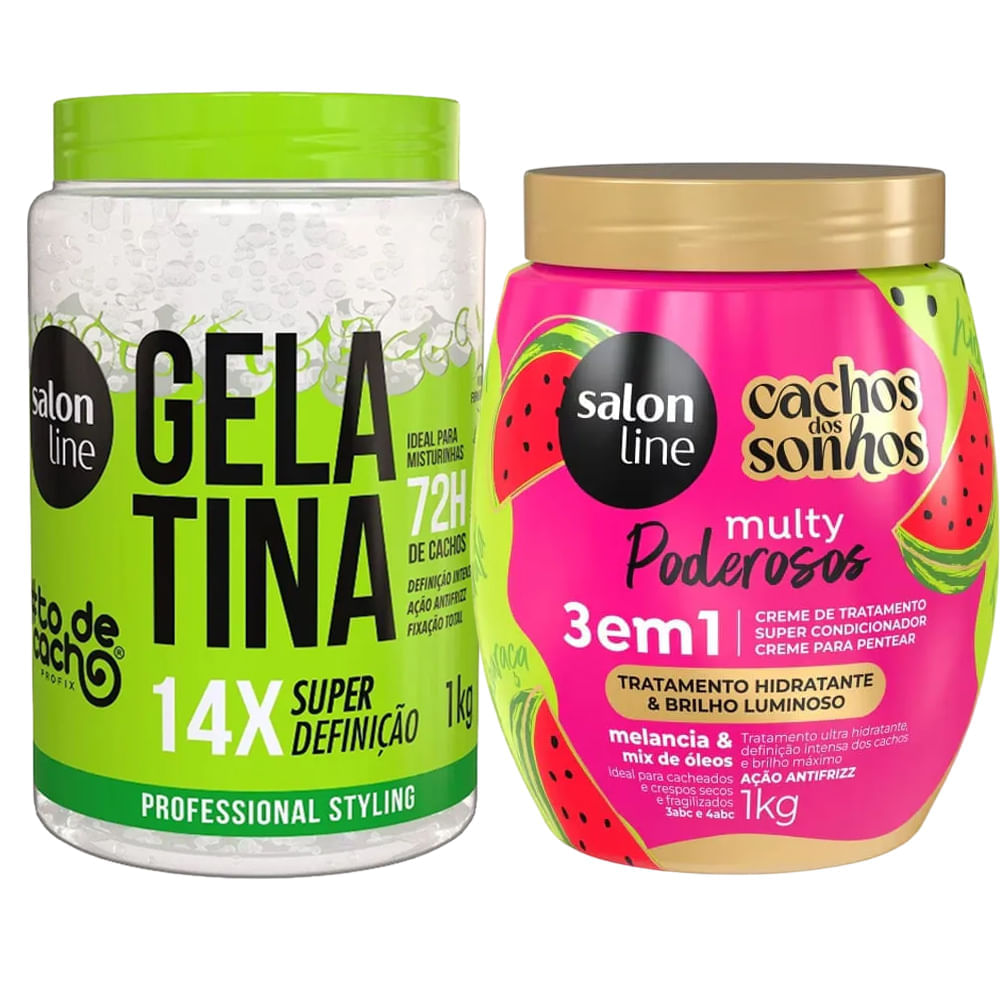 Kit Salon Line Gelatina 1kg + Creme 3 Em 1 Cachos Dos Sonhos Multy Melancia 1kg