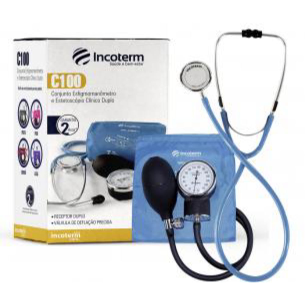 Conjunto Estetoscópio Clínico Duplo Ec100 E Esfigmomanômetro Aneróide Ea100 Incoterm Azul