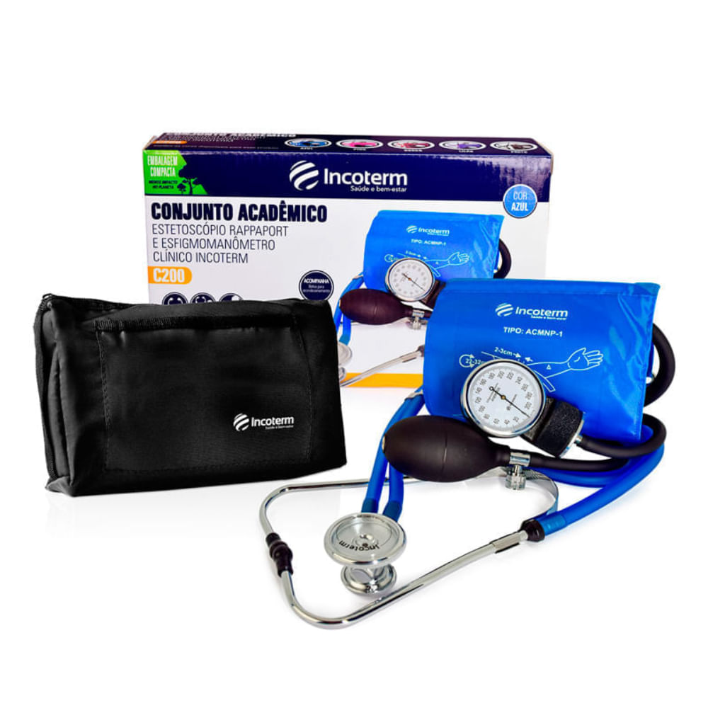 Conjunto Acadêmico Incoterm Estetoscópio Rappaport Er100 + Esfigmomanômetro Aneróide Azul
