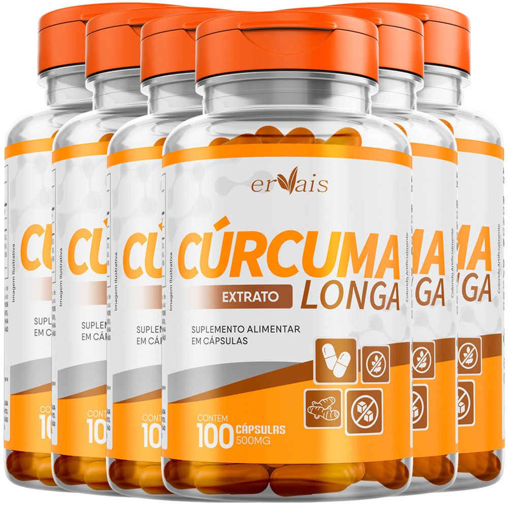 Kit 6 Frascos Curcuma Extrato Curcumina Longa Pura Açafrão 95% de Curcuminoides 600 cápsulas