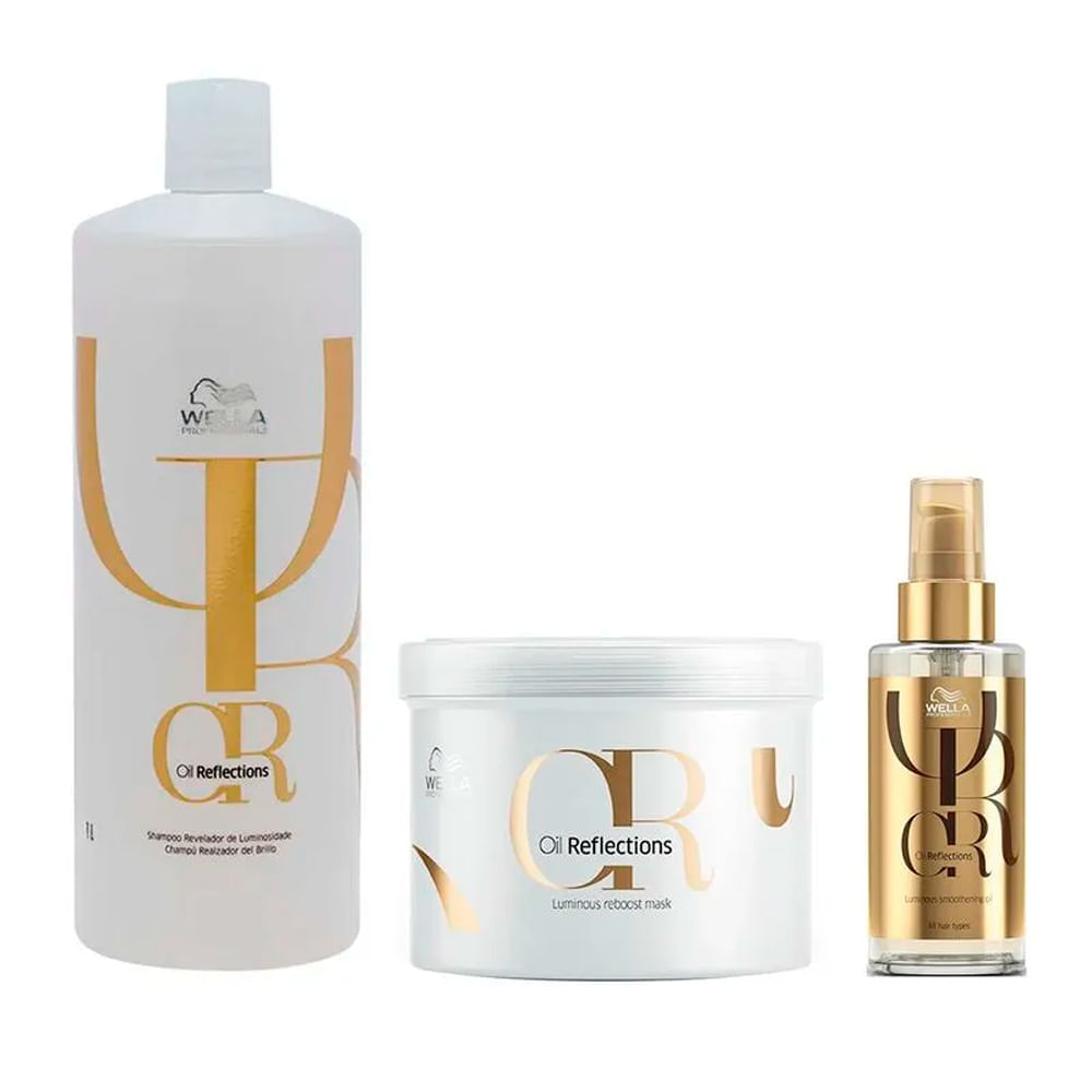 Kit Shampoo 1L + Máscara 500ml + Óleo Capilar Light 30ml Wella Oil Reflections