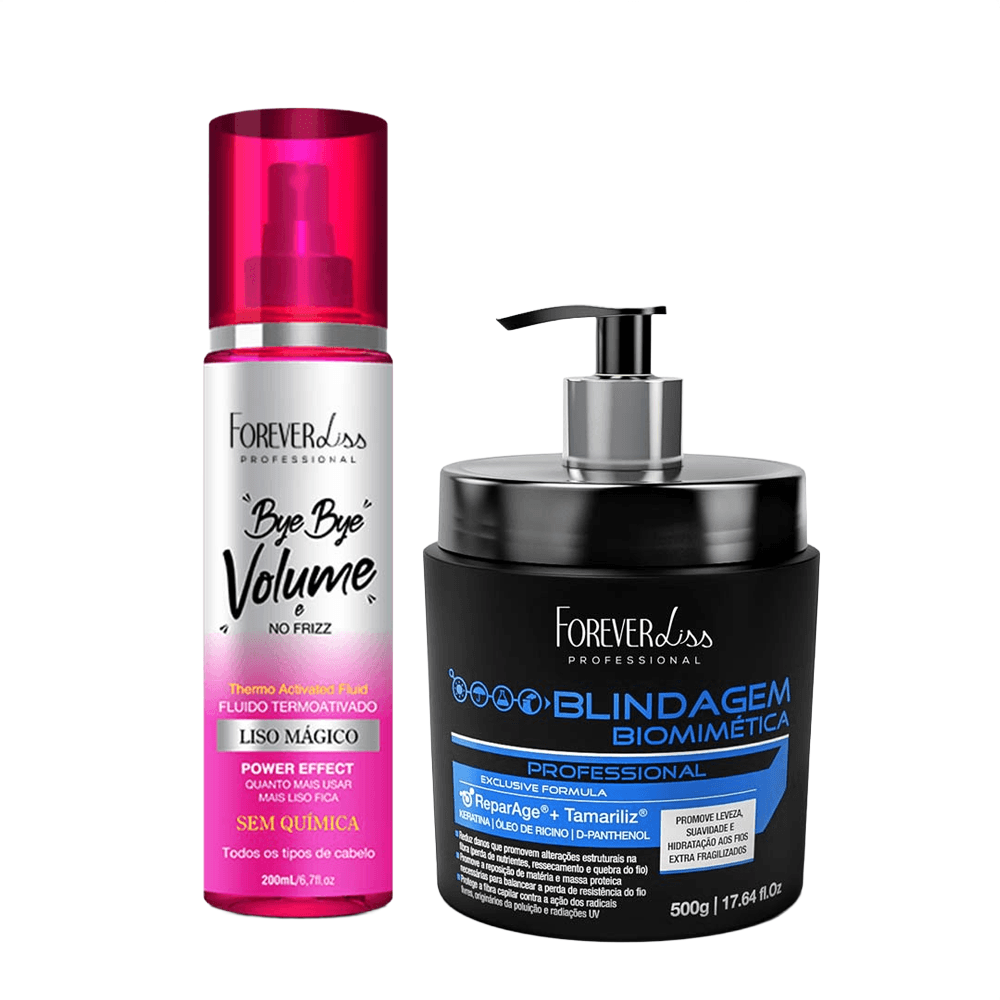 Kit Spray Bye Bye Volume 200ml + Máscara Blindagem Capilar Biomimética 500g Forever Liss