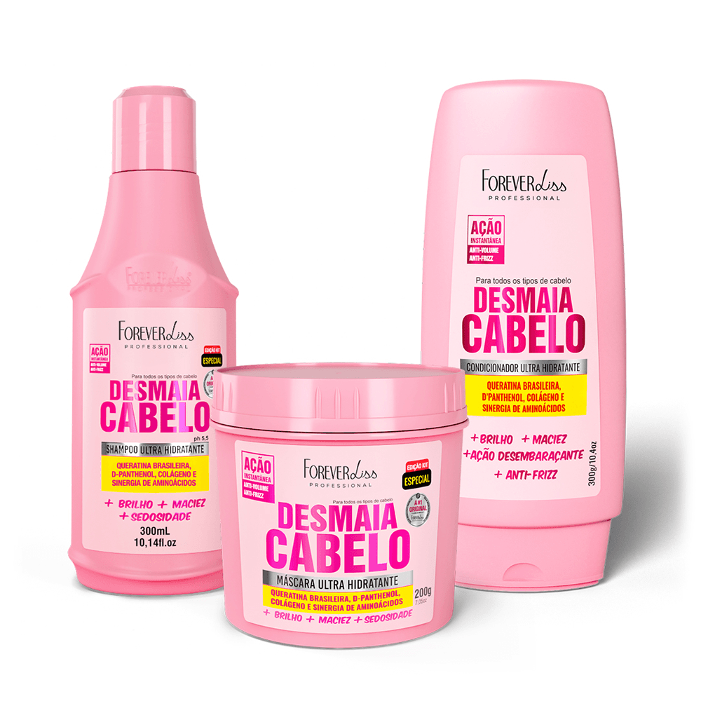 Kit Desmaia Cabelo Shampoo 300ml + Máscara 200g + Condicionador 300g