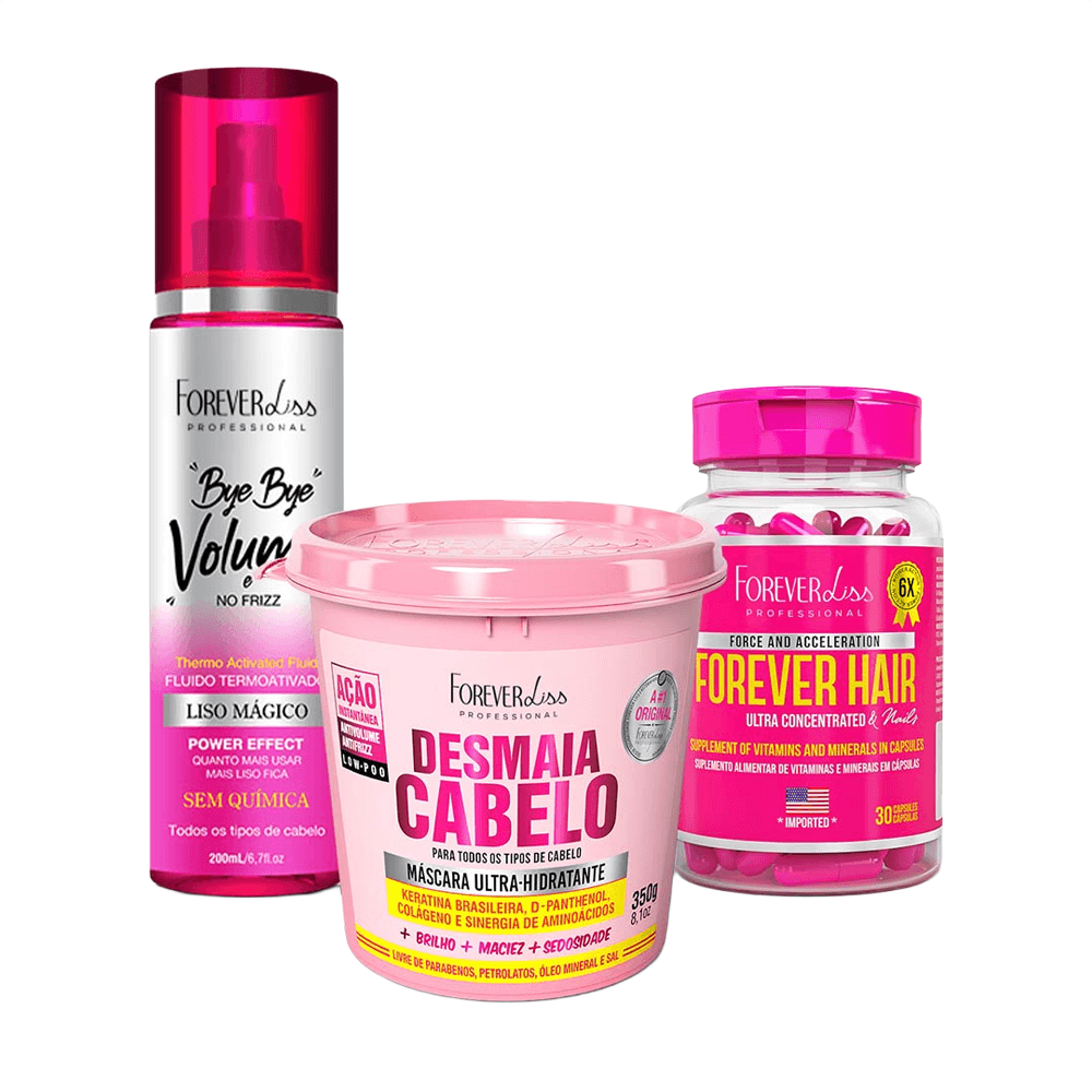 Kit Tratamento Capilar Com Forever Hair 30 Cápsulas + Máscara Desmaia Cabelo 350g + Spray Bye Bye Volume E No Frizz 200ml  Forever Liss